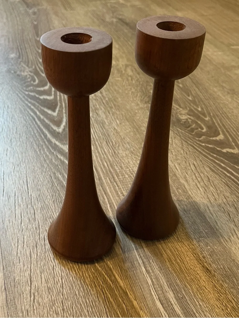 2 MCM Brown Wooden Candle Stick Holders Mid-Century Modern Contemporary